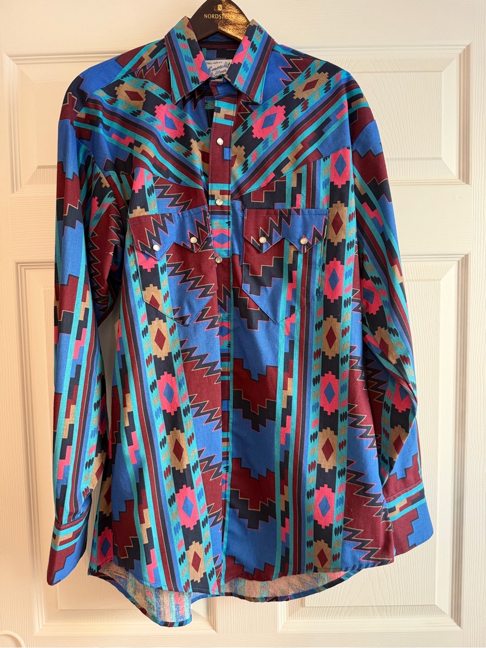 Vintage rockmount western Southwestern-Print Button-Up Bright Blue & Teal